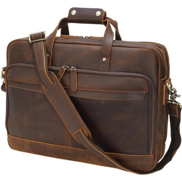 🆕Men Brown Fits 17.3 Inch Laptop Crossbody Shoulder Attached Leather Briefcase - Picture 4 of 12